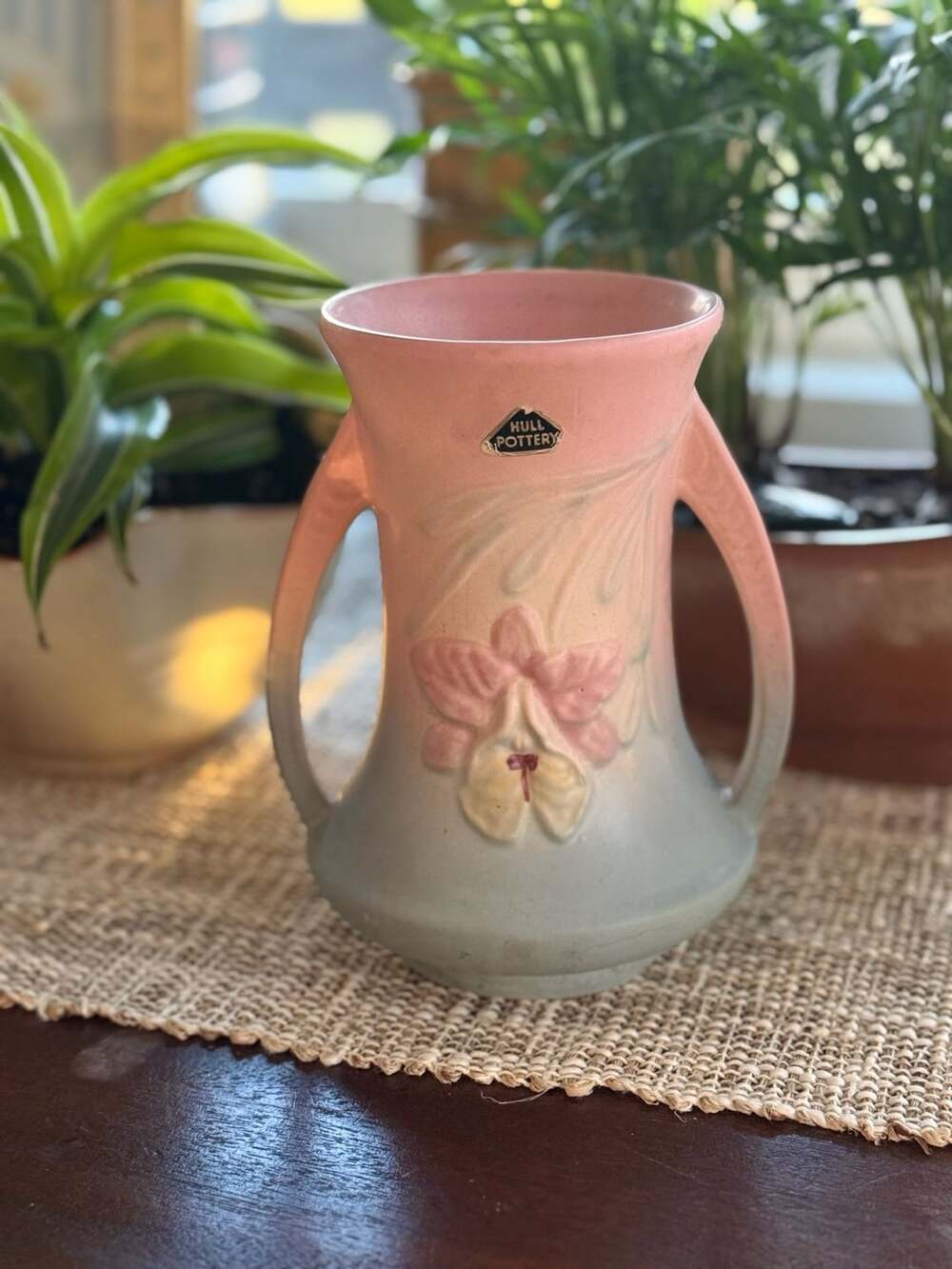 Hull Pottery Orchid Blue and Pink #301 - 10" Handled Vase w/Original Label